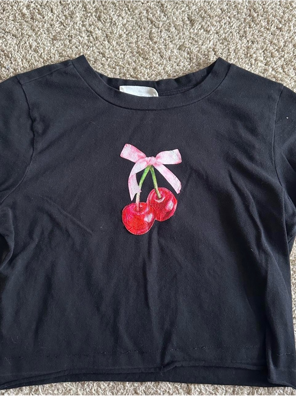 Black Crop Top with Pink Bow & Red Cherry Graphic